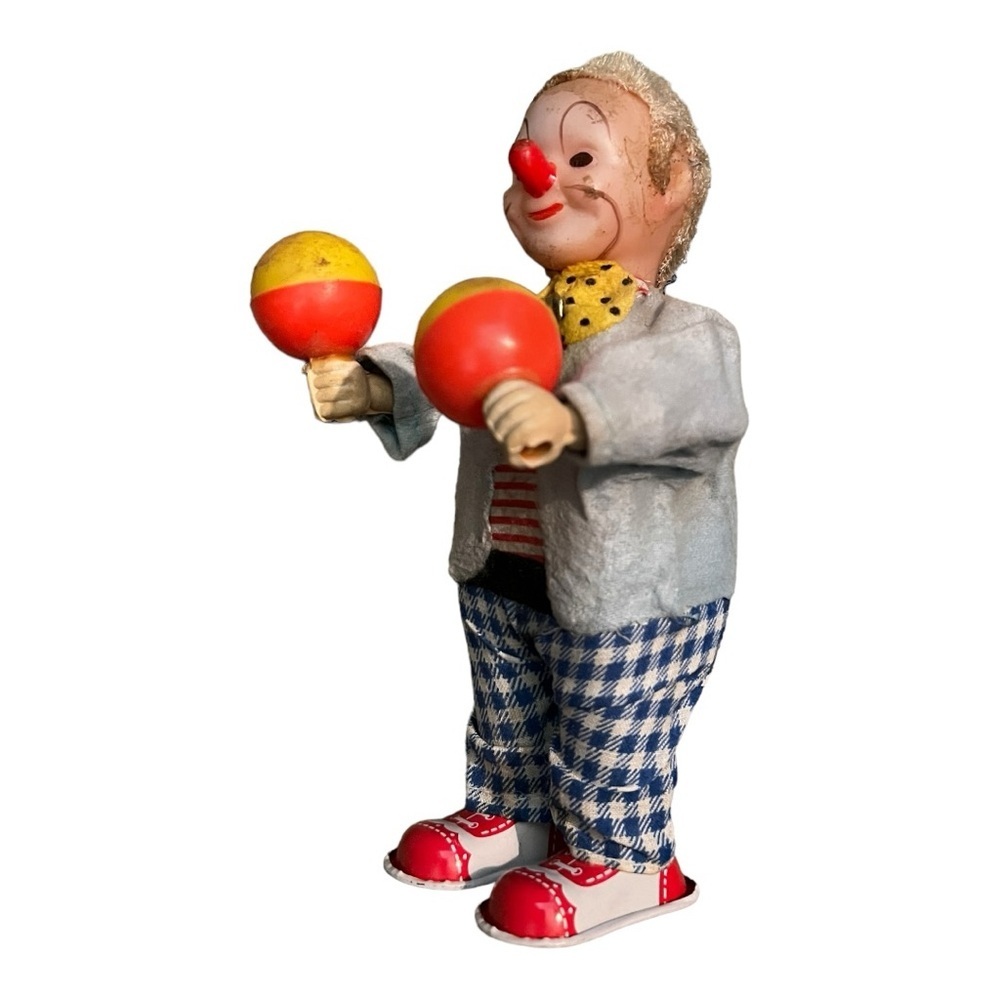 Vintage 1960’s Toy Tin Litho Windup Clown With Musical Maracas Japan